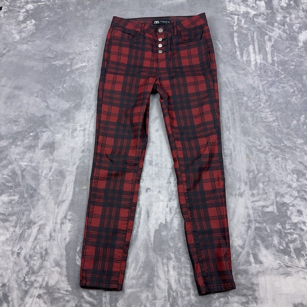 Zara Women Pants Womens Sz 4 Red Black Plaid Mid Rise Skinny Coated Button Fly